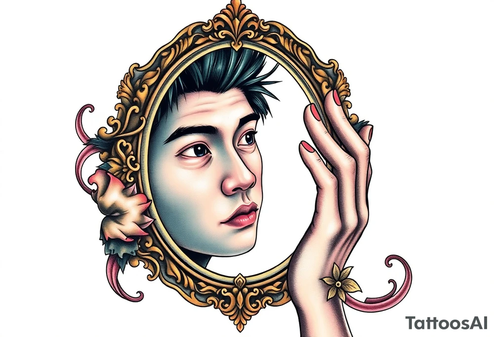 Handsome Asian young guy is looking in cursed mirror tattoo idea