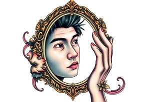 Handsome Asian young guy is looking in cursed mirror tattoo idea