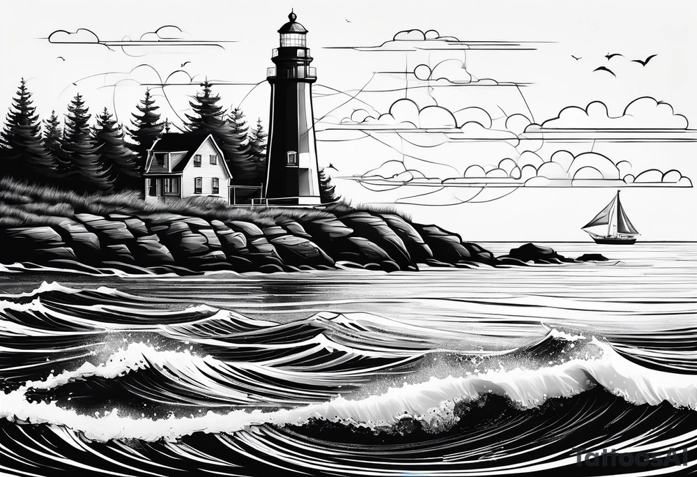 maritime lighthouse partially hidden by its large fixed sail. calm sea reflection. tattoo idea