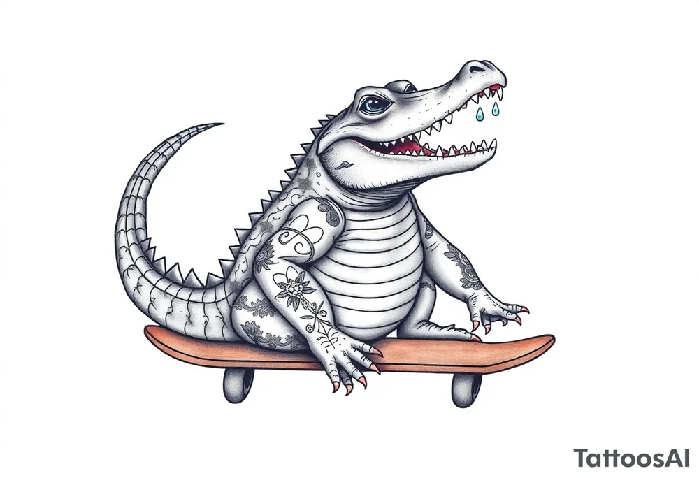 crocodile riding a skateboard with piercings and tattoos tattoo idea