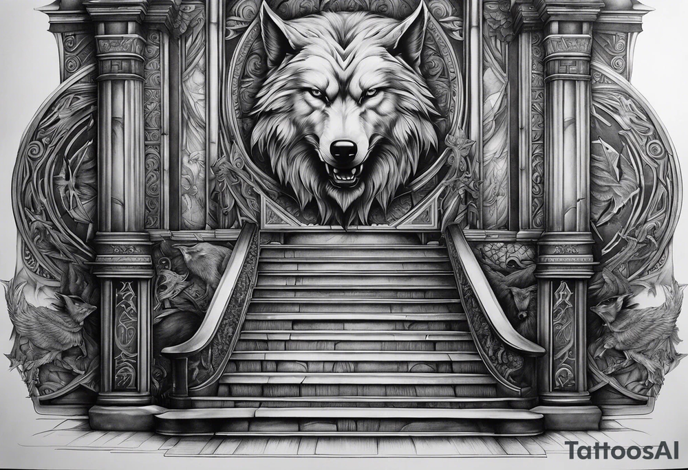 a staircase to valhalla with a big face of odin Odin at its end. On the side of the stair is a pack ow wolves. Also add in a a pair of doves and two ravens tattoo idea