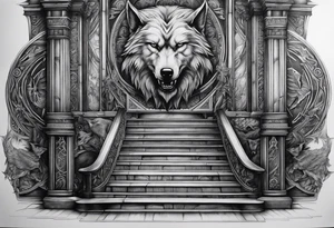 a staircase to valhalla with a big face of odin Odin at its end. On the side of the stair is a pack ow wolves. Also add in a a pair of doves and two ravens tattoo idea