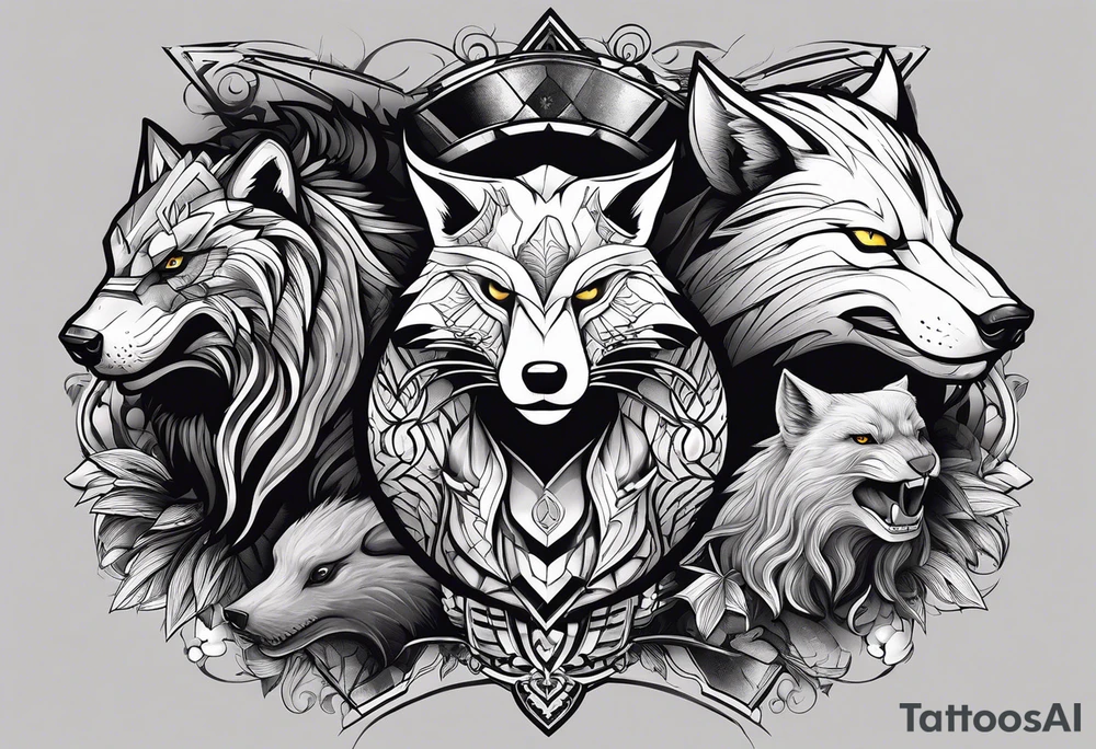 a super hero team which is combination of animals.
One is Badger/Wolverine One is Bull One is Wolf One is Axolotl One is Canary One is Lizard One is Cat tattoo idea
