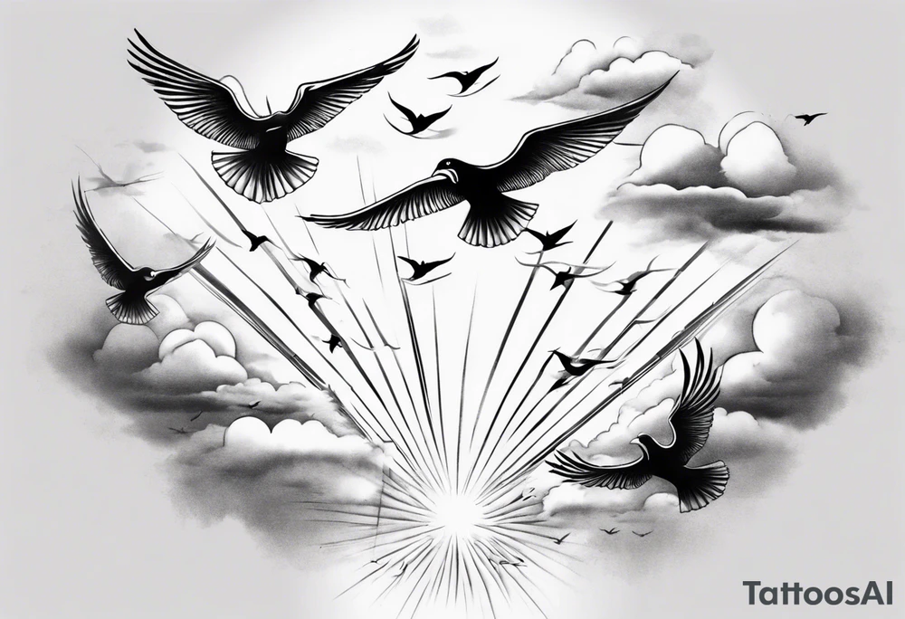 a shoulder tattoo with lots of rays of light in gradient, clouds and birds flying free tattoo idea