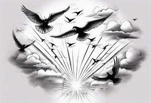 a shoulder tattoo with lots of rays of light in gradient, clouds and birds flying free tattoo idea