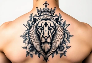 powerful majestic lion with a crown, surrounded by floral ornaments and birds tattoo idea