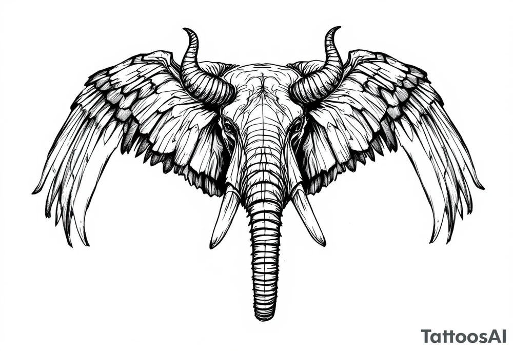 A hieroglyphic, detailing an African elephant with horns and wings that resemble that are a falcons tattoo idea