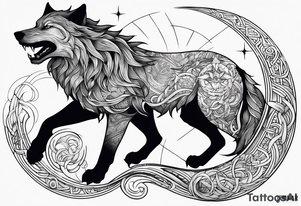 yang yang wolf chasing the moon and sun with Jörmungandr wrapped around it tattoo tattoo idea