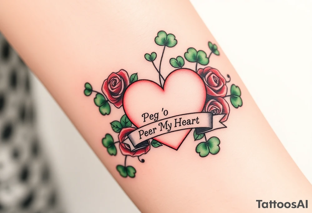 A ton of green shamrocks with red roses and a big pale pink heart with a banner across the heart that says Peg 'o My Heart tattoo idea