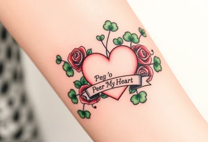 A ton of green shamrocks with red roses and a big pale pink heart with a banner across the heart that says Peg 'o My Heart tattoo idea