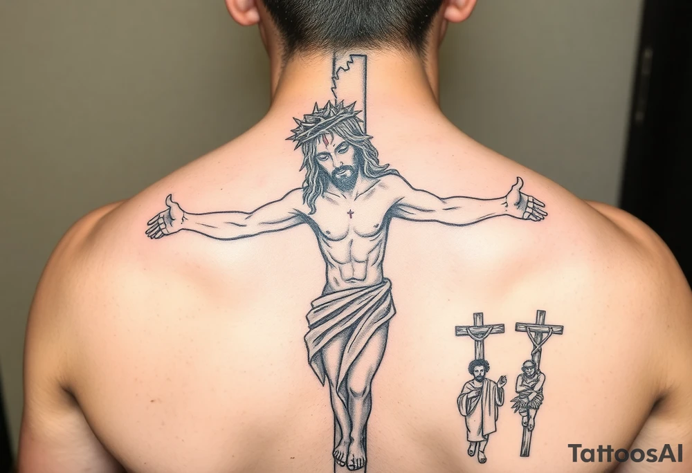 Jesus on the cross with the crown of thorn, blood dripping, the dark clouds above with lightining, the rod that was piereced in his stomach and the people watchig and the two other thieves beside Jesus on their own cross tattoo idea