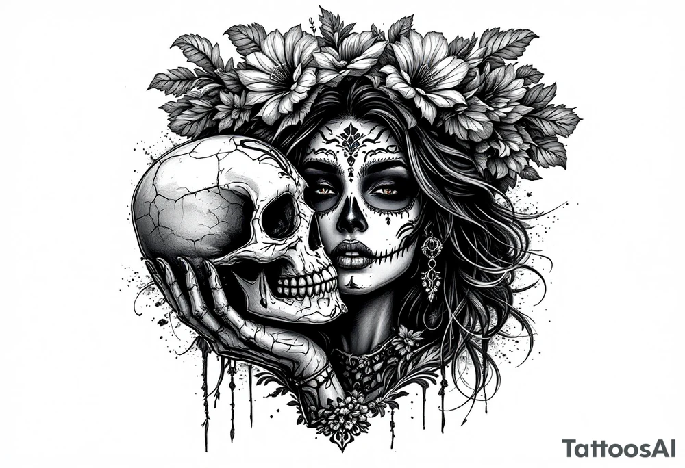 Mexican lady of the dead holding a skull to her face tattoo idea