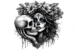 Mexican lady of the dead holding a skull to her face tattoo idea