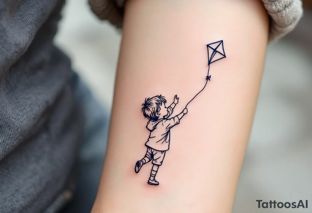 A line-art drawing of a child flying a kite, with the kite string forming the son’s name in dark navy ink. tattoo idea