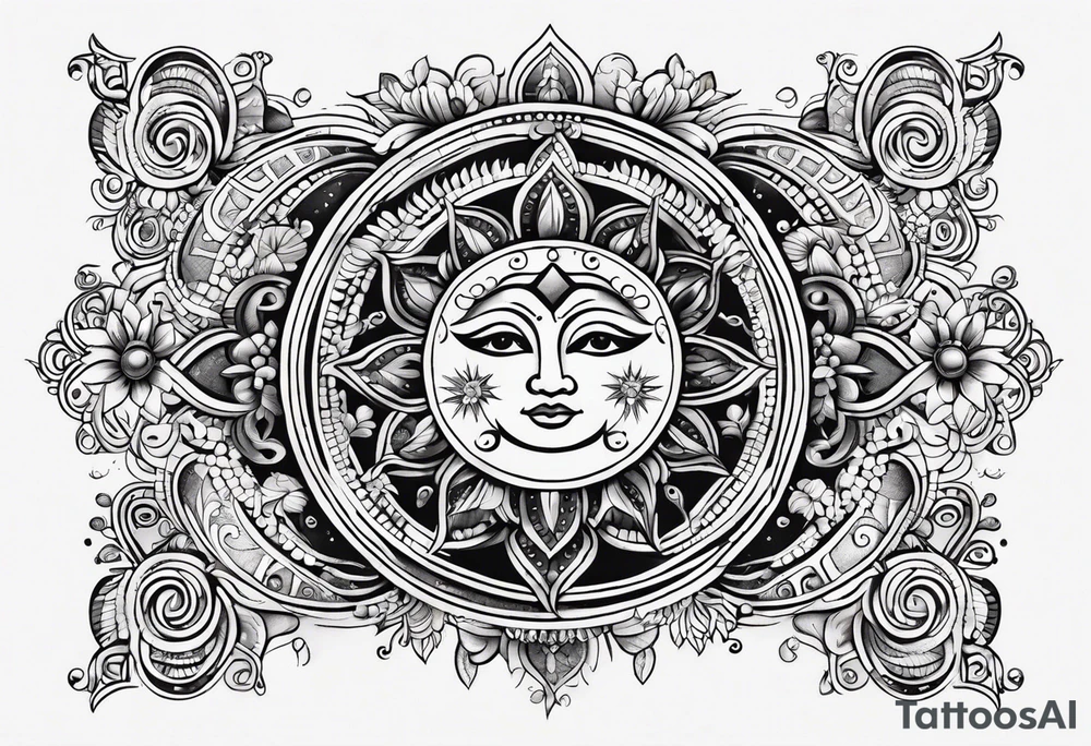 Mexican Sun and moon. long rectangular sternum swirls and dots and stars tattoo idea