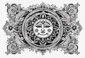 Mexican Sun and moon. long rectangular sternum swirls and dots and stars tattoo idea