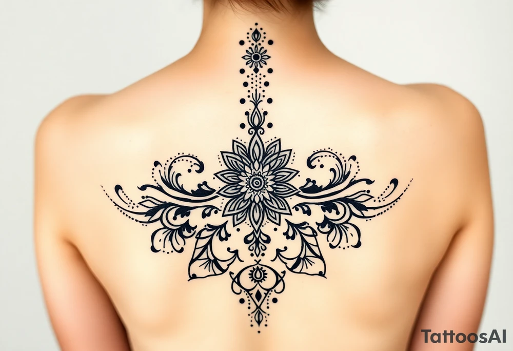 spine tattoo design with symmetrical ornamental patterns, combining dotwork, mandala elements, and flowing lines that follow the natural curves of the body with tribal-inspired lower back tattoo with sweeping symmetrical curves, bold linework, and soft floral accents, creating a feminine yet powerful aesthetic. The design is intricate and balanced. tattoo idea