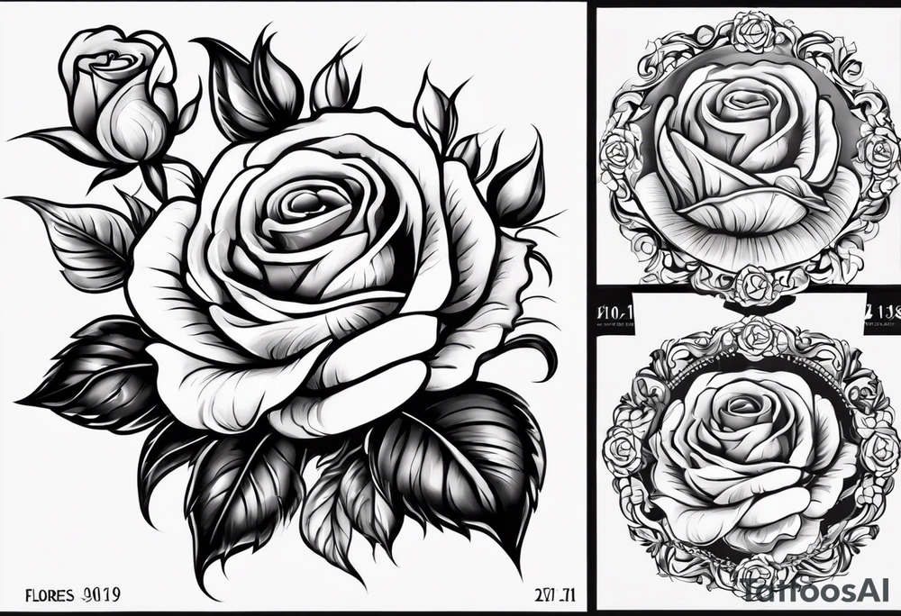 “Flores” with a rose and the date 01/01/76 and the date 09/20/76 and the date 10/11/11 with some clouds tattoo idea