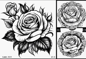 “Flores” with a rose and the date 01/01/76 and the date 09/20/76 and the date 10/11/11 with some clouds tattoo idea