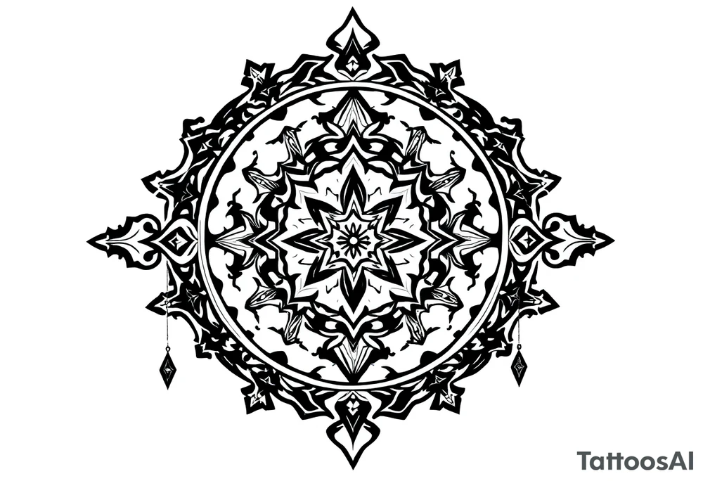 mystical dark and long ornament with shaman and witch style and ancient rhyme tattoo idea