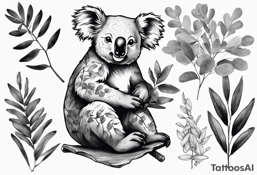 a koala sitting on wattle and eucalyptus leaves tattoo idea a koala sitting on wattle and eucalyptus leaves tattoo idea