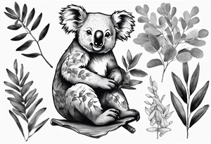 a koala sitting on wattle and eucalyptus leaves tattoo idea