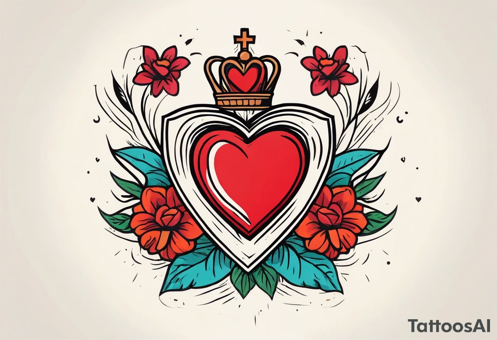 sacred heart vintage traditional tattoo simple sketch old school bold colors with banner christian
sympbol
flowers crown on top of heart tattoo idea