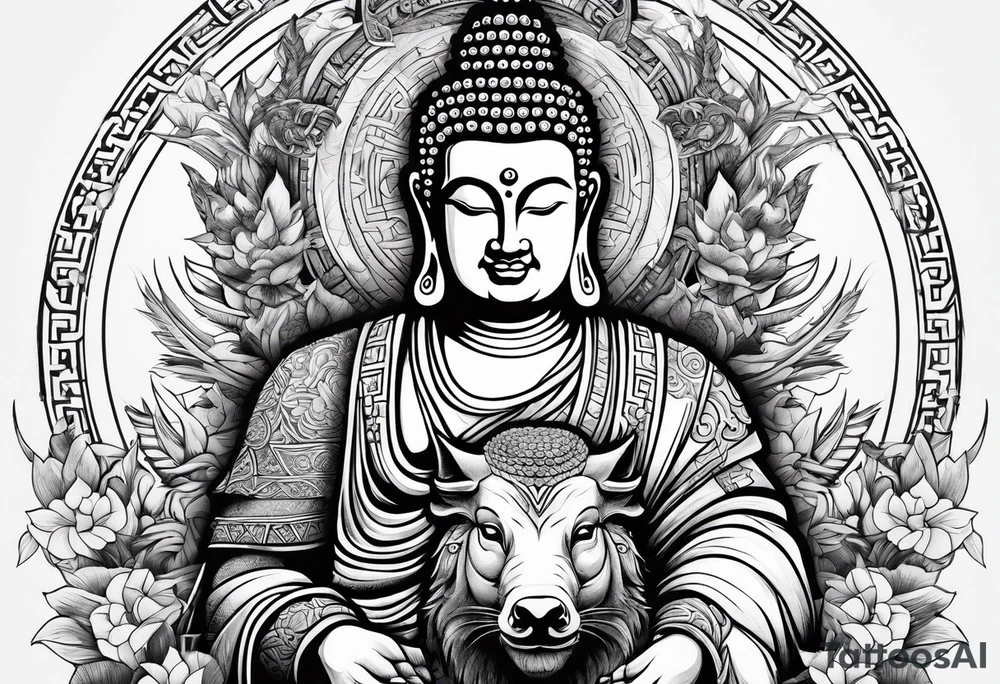 Buddha as a warrior with a wild boar nearby tattoo idea