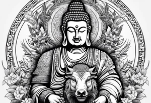 Buddha as a warrior with a wild boar nearby tattoo idea