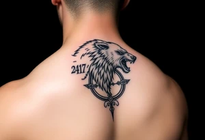 Nordic Viking themed bear on shoulder Vegvisir symbol tribal elder furthark bicep band tattoo idea