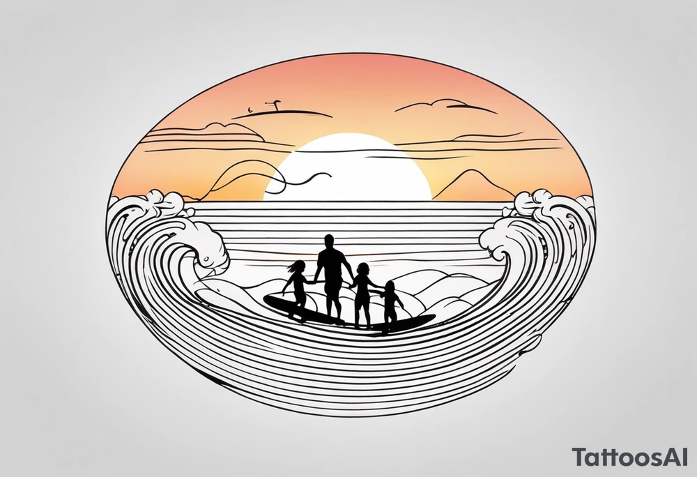 Black and white Line work tattoo depicting a father surfing with his two daughters.  The sunset and horizon have musical notes. tattoo idea