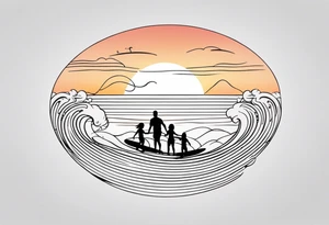 Black and white Line work tattoo depicting a father surfing with his two daughters.  The sunset and horizon have musical notes. tattoo idea