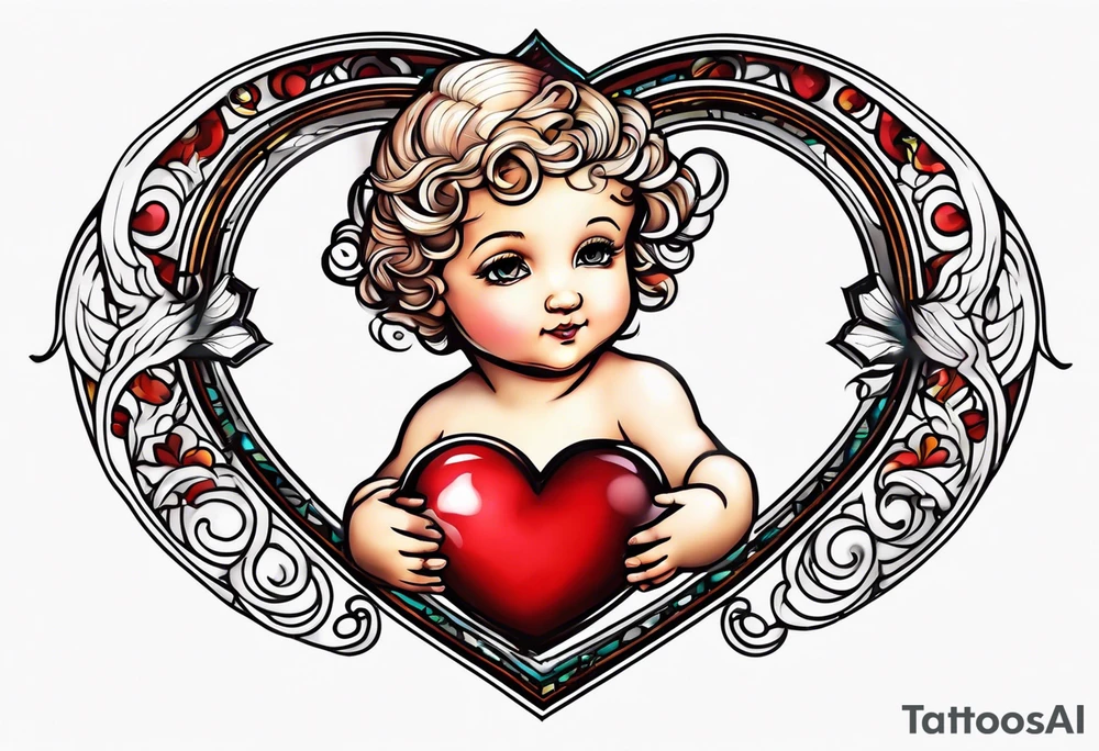 a cherub a heart and the word love tattoo idea