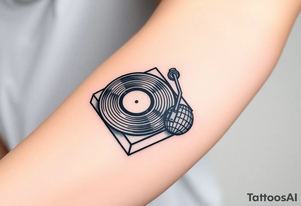 vinyl record player with a smaller disco ball to the side of it tattoo idea