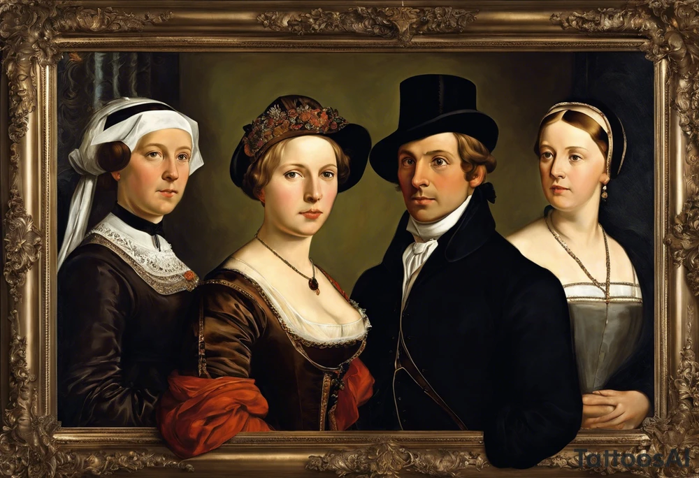 3 webliche Menschen die nebeneinander stehen. Die linke ist ein junges mädchen, die mittlere eine reife Frau, die rechte eine sehr alte frau. Sie blicken  nach vorne.
Es sind 3 weberinen. Sie symbolisisren die moiren, alte schicksalsgöttinen. tattoo idea