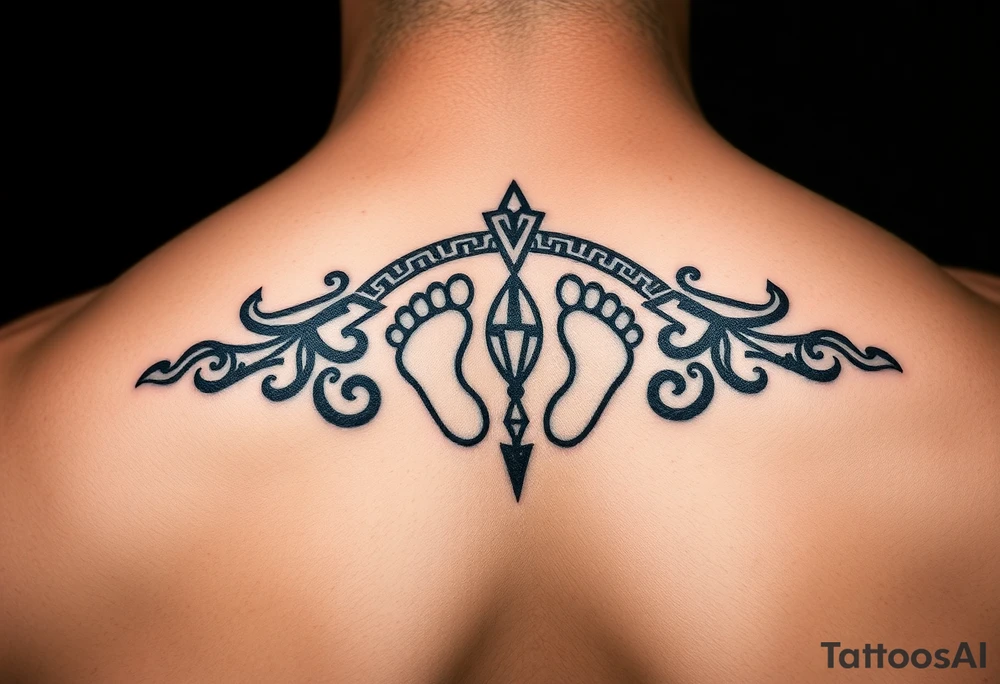 Tribal tattoo in ring/band with Ghanaian symbols as well jamaica incorporated with 4 baby foot prints tattoo idea