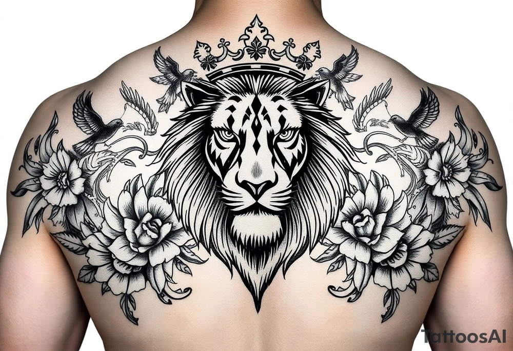 powerful majestic lion with a crown, surrounded by floral ornaments and birds tattoo idea