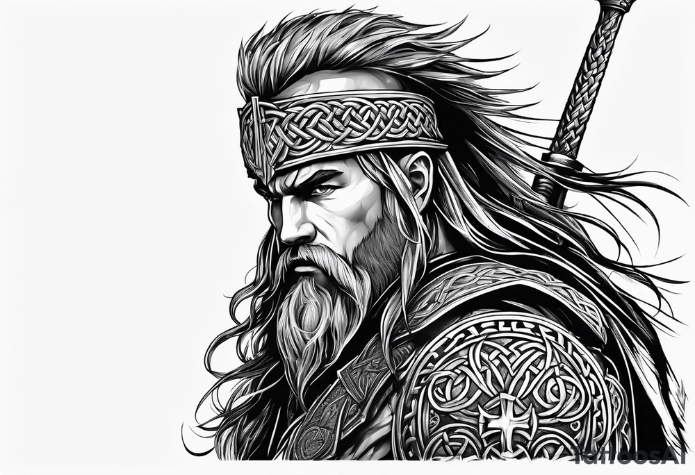 Celtic warrior facing left with irish background tattoo idea
