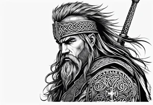 Celtic warrior facing left with irish background tattoo idea