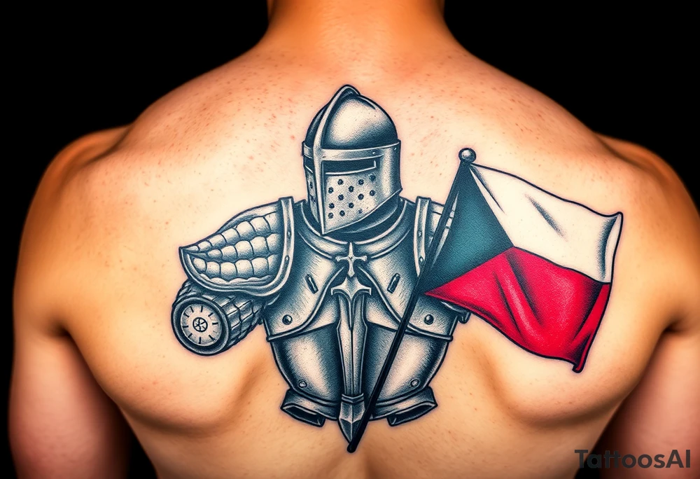 A knight in medieval armor holding a Czech flag, inspired by Hussite warriors, with battle-worn silver and red tones. tattoo idea