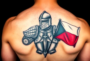 A knight in medieval armor holding a Czech flag, inspired by Hussite warriors, with battle-worn silver and red tones. tattoo idea