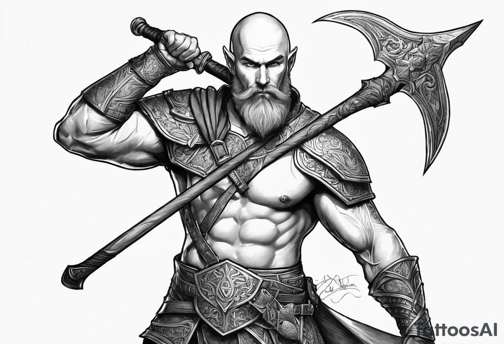 a full-body picture of a 30-year-old, human elf, bearded bald male, paladin, holding a battle axe, tattoo idea