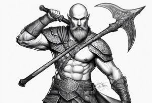 a full-body picture of a 30-year-old, human elf, bearded bald male, paladin, holding a battle axe, tattoo idea