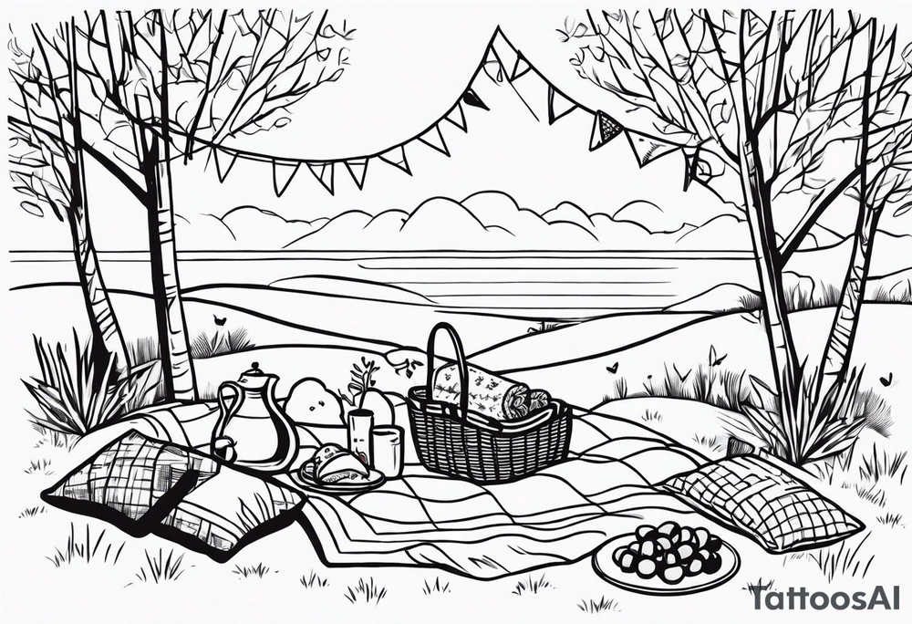 picnic scene in nature with a sheckers blanket, basket, pillows and party pennants. Thin lines. tattoo idea
