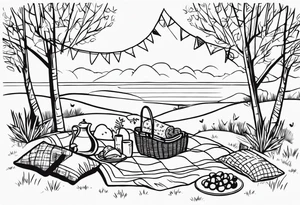 picnic scene in nature with a sheckers blanket, basket, pillows and party pennants. Thin lines. tattoo idea