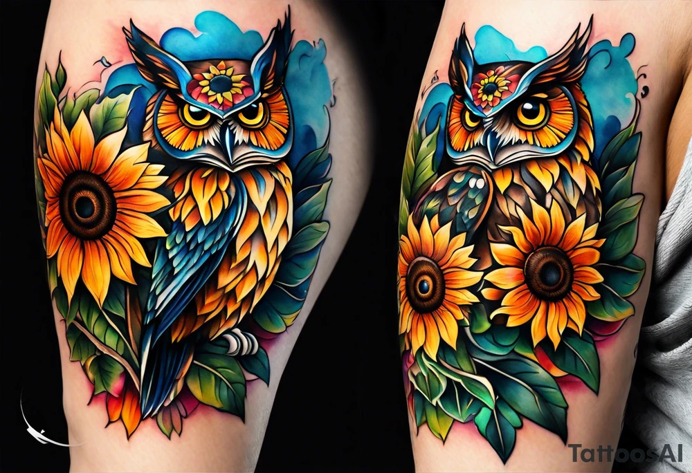 Leg sleeve with colorful sunflowers and an owl tattoo idea