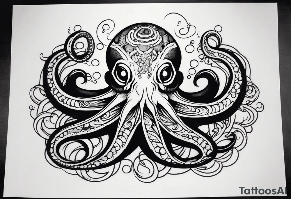 Tribal half sleeve. octopus surrounded by ribbons of water waves filled with fish. the octopus has small eyes. Use thick lines only with less detail. tattoo idea