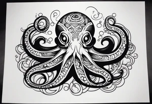 Tribal half sleeve. octopus surrounded by ribbons of water waves filled with fish. the octopus has small eyes. Use thick lines only with less detail. tattoo idea