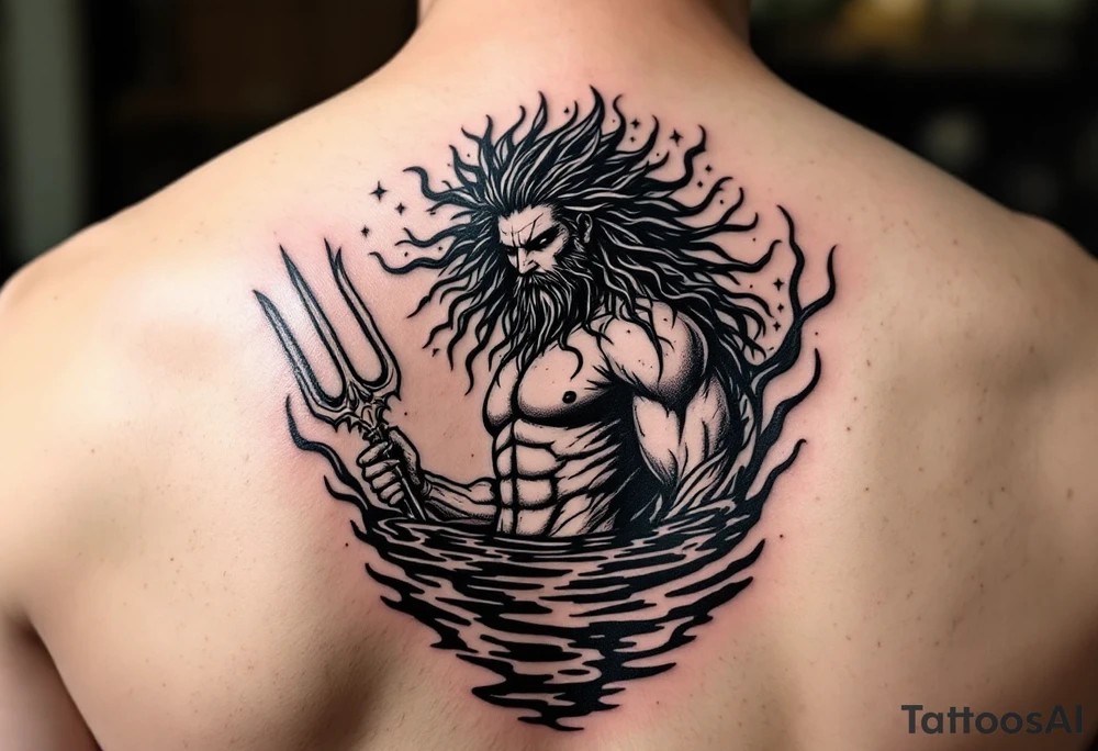 poseidon with trident half way in calm water tattoo idea