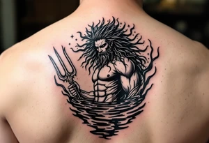 poseidon with trident half way in calm water tattoo idea